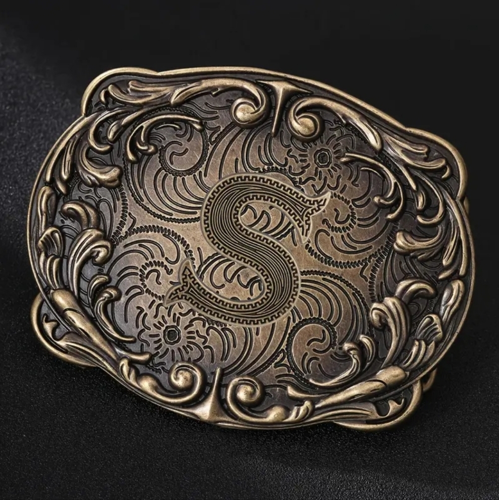 Western Initial “S” Belt Buckle – Monogram Floral Scroll – Cowboy Cowgirl